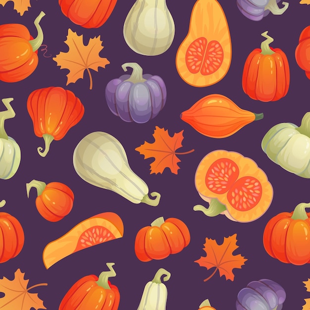 Jesienny wzór do squasha Dynia bez szwu nadruku na notatnik halloween lub Święto Dziękczynienia jesienne dekoracje świąteczne pomarańczowe dynie kreskówkowe z liściem klonu