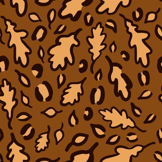 Jesienny wzór lamparta lub jaguara wykonany z liści dębu modny nadruk zwierzęcy w jesiennych kolorach tło wektor dla tkaniny tekstylnej tapety papier pakowy itp