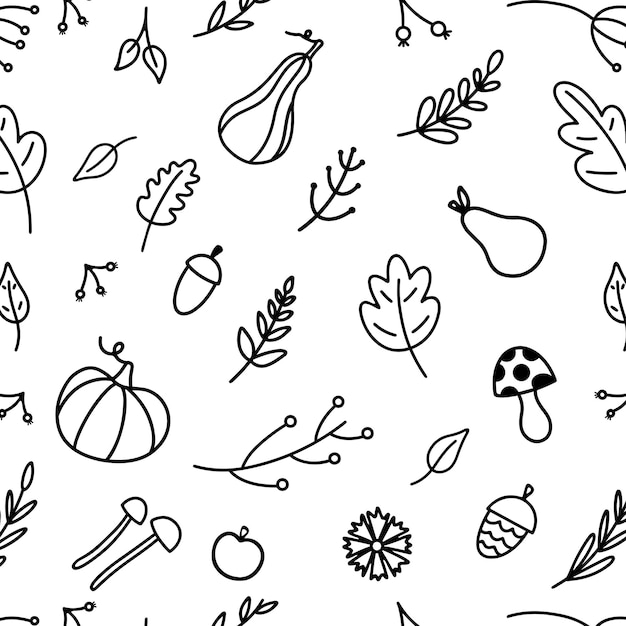 Plik wektorowy jesienny wzór składa się z jesiennych elementów narysowanych cienką czarną kreską. ilustracja wektorowa