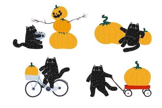 Jesienny Zestaw Halloween Czarnego Kota Na Rowerze Dynia Czerwony Wóz śliczny Kawaii Zwierząt żniwa