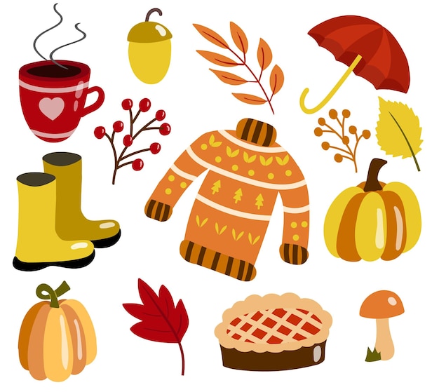 Jesienny zestaw z uroczymi elementami ilustracja w stylu Doodle