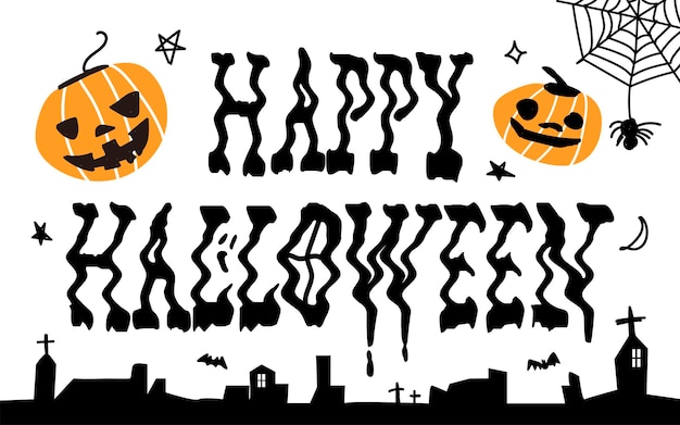 Jest Ręcznie Rysowany Happy Halloween, Dynia I Dekoracje Na Imprezę!