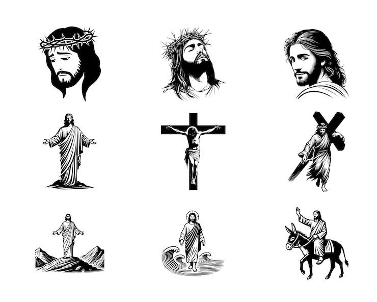 Wektor jesus christ clipart design bundle chrześcijański jezus ilustracja wektorowa w czarno-białym