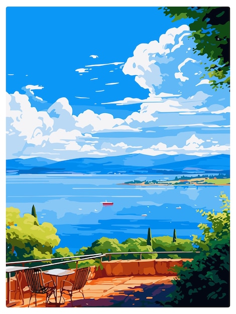 Jezioro Bracciano Włochy Vintage Travel Poster Wall Art Print Souvenir Postcard Portret Ilustracja