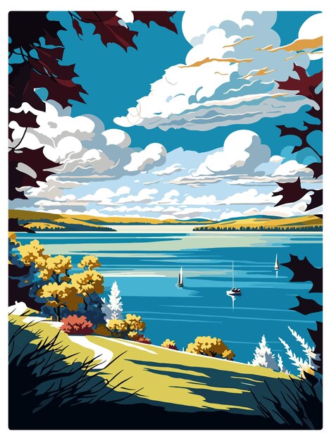 Plik wektorowy jezioro chautauqua stan nowy jork vintage plakat podróżniczy pamiątkowa pocztówka portret malarstwo wpa