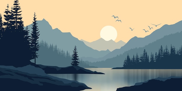 Jezioro górskie o świcie ilustracja światła porannego i słońca