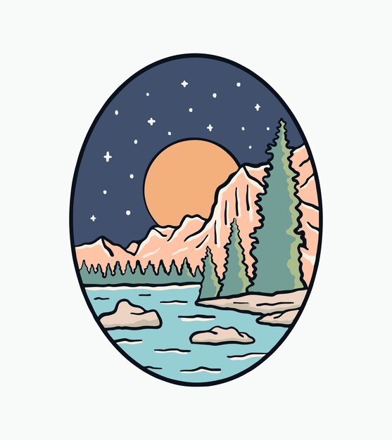Plik wektorowy jezioro maligne kanadyjskie góry skaliste w nocy vintage ilustracja wektorowa