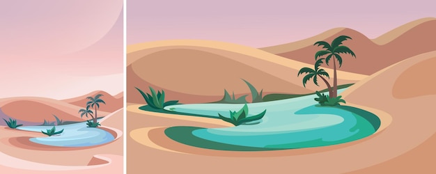 Plik wektorowy jezioro w środku pustyni. krajobraz przyrody w orientacji pionowej i poziomej.