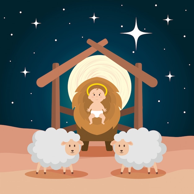 Plik wektorowy jezus dziecko w stajni z owcami
