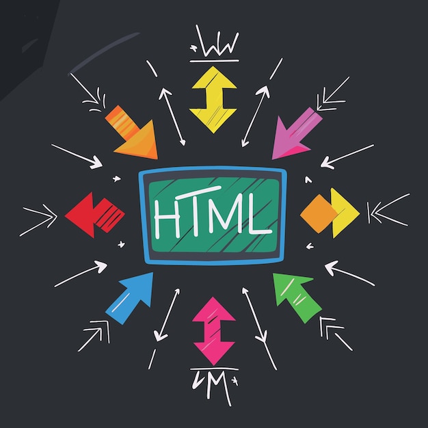 Język kodowania HTML programowanie dla strony internetowej blog i SEO koncepcja wielokolorowe strzały wskazujące na