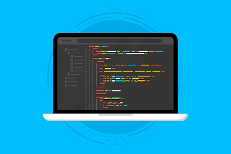 Wektor język programowania i kod programu na ekranie laptopa kodowanie programowania php html c css