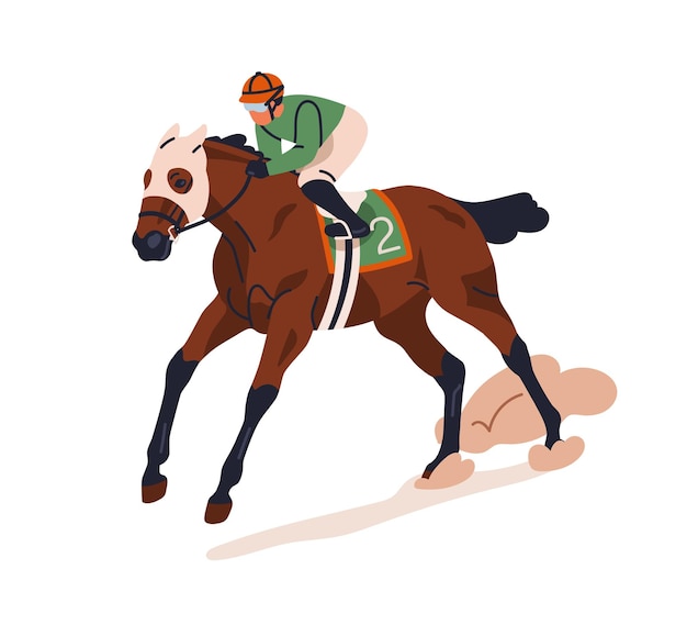 Jockey jeźdzący na koniu wyścigowym Jeździec konny na koniach wyścigowych biegający i galopujący na torze wyścigowy biegnący z dużą prędkością Zakłady konne Sport płaska ilustracja wektorowa izolowana na białym tle