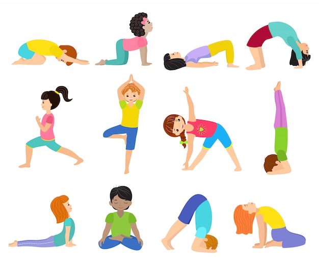 Joga dzieci małe dziecko jogin charakter szkolenia sport ćwiczenie ilustracja zdrowy styl życia zestaw kreskówek chłopców i dziewcząt wellness aktywność rozciągania medytacji na białym tle