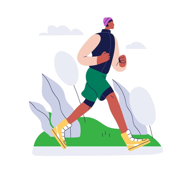 Jogging man Jogger biegający w parku Mężczyzna biegacz ćwiczenie na świeżym powietrzu Cardio sport ćwiczenie wytrzymałościowe Osoba trenująca Zdrowy styl życia Płaska ilustracja wektorowa izolowana na białym tle