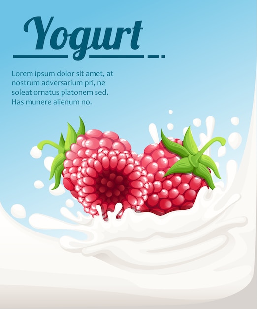 Jogurt O Smaku Malinowym. Mleko I Jagody Maliny. Reklamy Jogurtów W. Ilustracja Na Jasnoniebieskim Tle. Miejsce Na Twój Tekst.