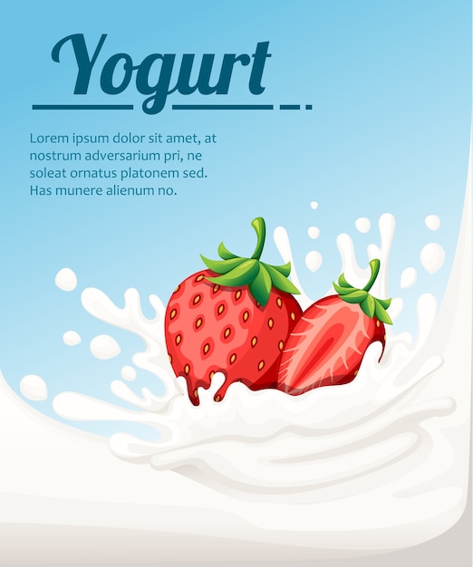 Jogurt O Smaku Truskawkowym. Mleko I Truskawkowe Jagody. Reklamy Jogurtów W. Ilustracja Na Jasnoniebieskim Tle. Miejsce Na Twój Tekst.