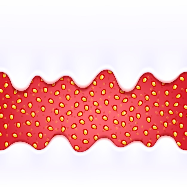 Plik wektorowy jogurtowy krem mleczny kapie płynący na kolorowym czerwonym tle dżemu truskawkowego