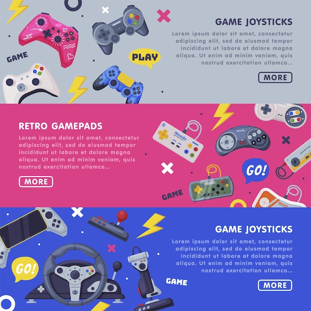 Joystick Game Landing Page Templates Set Retro Gamepads Horizontalne banery z przestrzenią dla tekstu i kontrolerów gier konsoli Ilustracja wektorowa