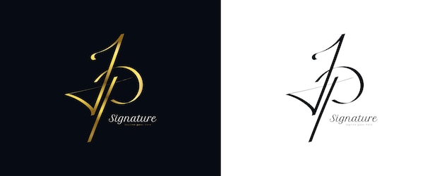 Plik wektorowy jp wstępny projekt logo podpisu z eleganckim i minimalistycznym złotym stylem pisma początkowy projekt logo j i p na ślub butik z biżuterią i tożsamość marki biznesowej