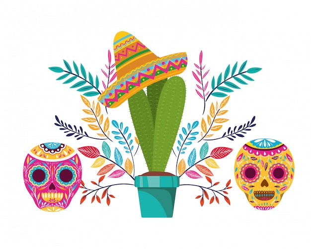 Kaktus I Czaszka Z Ikoną Meksykański Kapelusz