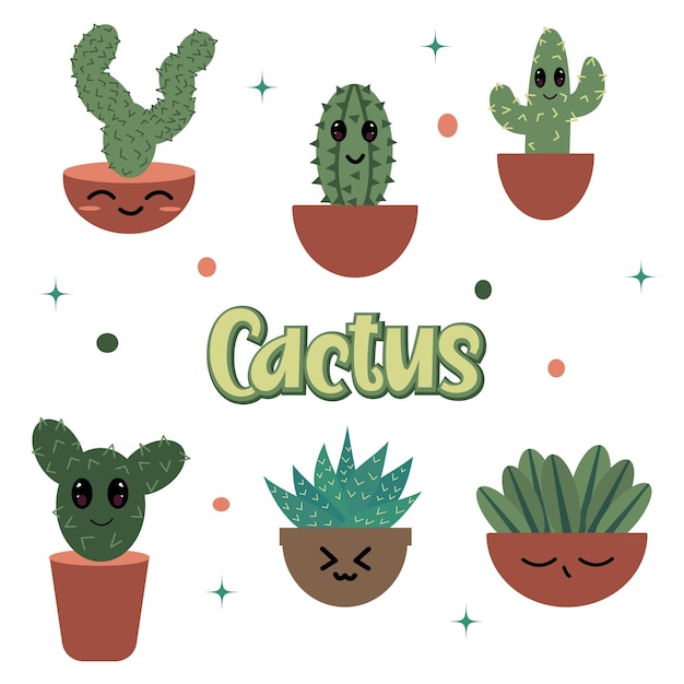 Kaktus kawaii clipart zestaw ręcznie narysowany clip art ilustracja pustynna kaktus roślina w garnkach użytkowanie komercyjne