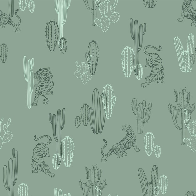 Plik wektorowy kaktus na świeżym powietrzu z ręcznie rysowanym szkicem tygrysa bez szwu