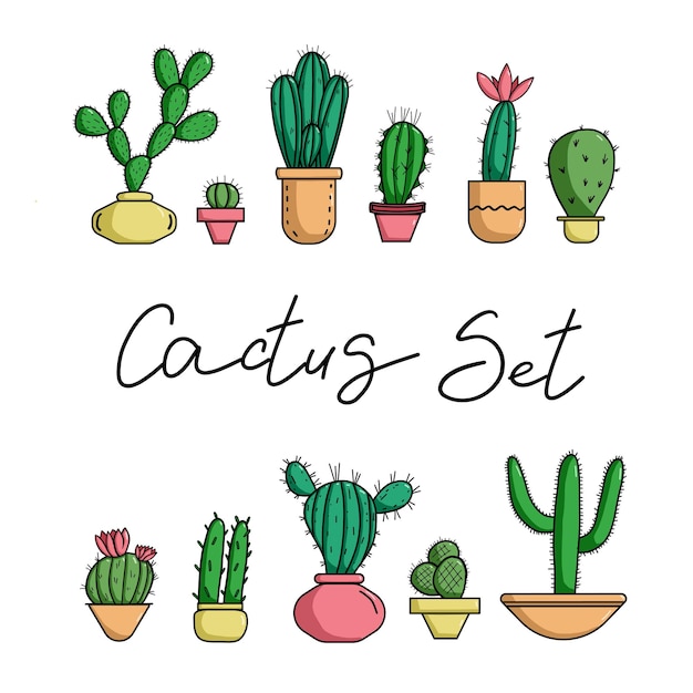 Kaktus Zestaw Doodle Styl Kolorowa Ilustracja Wektorowa Meksykańskie Kaktusy Botaniczne W Doniczkach
