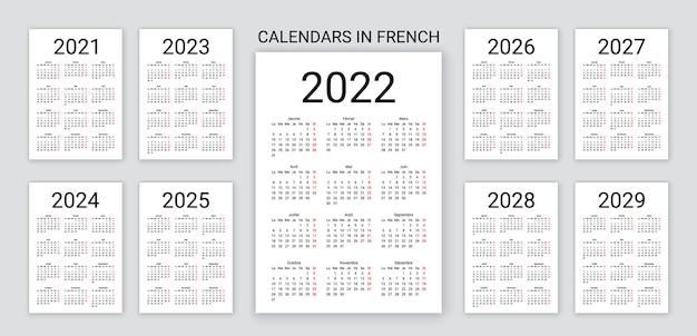 Kalendarz 2022, 2023, 2024, 2025, 2026, 2027, 2028 Lat W Języku Francuskim. Ilustracja Wektorowa. Planer Na Biurko.