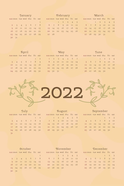 Kalendarz 2022 W Delikatnym Naturalnym Modnym Stylu Ozdobiony Botanicznym Kwiatowym Ręcznie Rysowanymi Liśćmi Gałęzie Format Pionowy Jasny Pastelowy Zielony Kolor Tydzień Zaczyna Się W Niedzielę