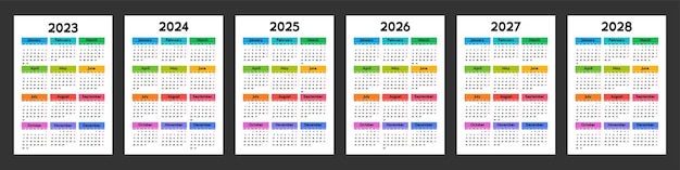 Kalendarz 2023 2024 2025 2026 2027 2028 Tydzień Rozpoczyna Się W Poniedziałek Podstawowy Szablon Z Jasnym, Wielokolorowym Projektem Ilustracji Wektorowych