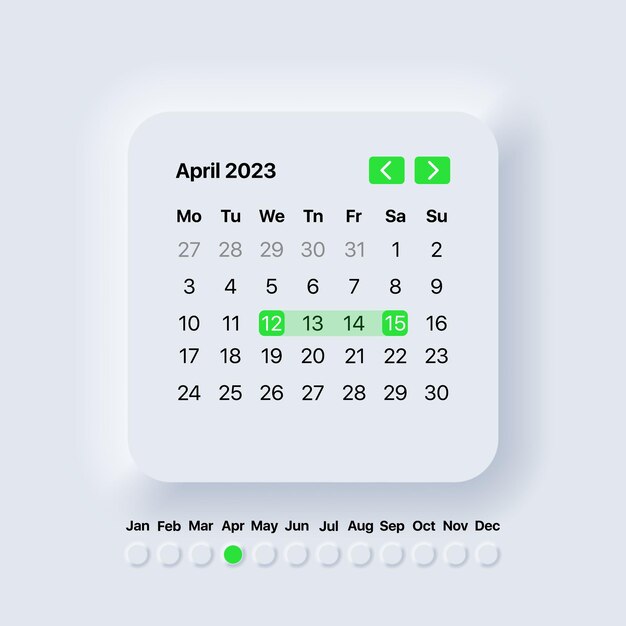 Plik wektorowy kalendarz 2023 rok miesiąc kwiecień neomorfizm styl planner szablon ilustracja wektorowa eps 10