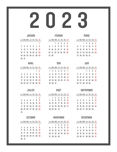 Plik wektorowy kalendarz 2023 w języku francuskim. dni tygodnia są na górze, tydzień zaczyna się w niedzielę.