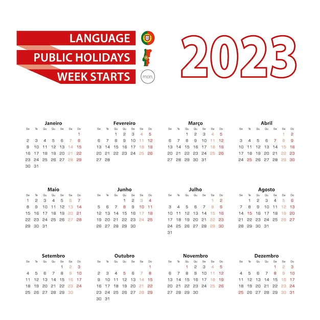 Kalendarz 2023 W Języku Portugalskim Ze świętami Państwowymi Kraju Portugalii W Roku 2023