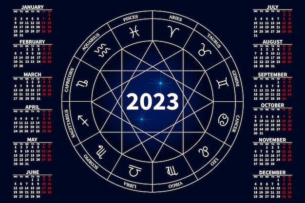 Plik wektorowy kalendarz 2023 ze znakami zodiaku w astrologicznym kręgu na niebieskim tle. druk, ilustracja