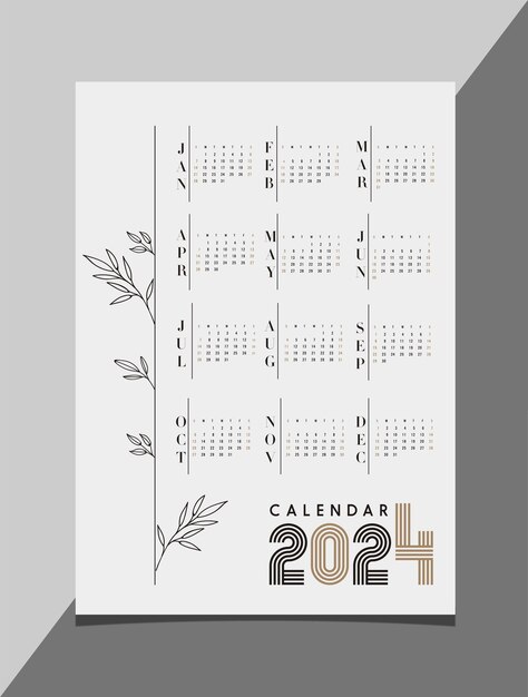 Plik wektorowy kalendarz 2024 szablon płaskie ręcznie rysowane liście