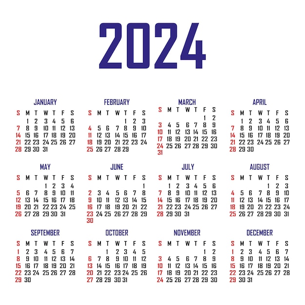 Kalendarz 2024 Tydzień Zaczyna Się W Niedzielę Prosty Szablon Kalendarza Portret Orientacji Pionowej Roczny Organizator Papeterii Ilustracja Wektorowa