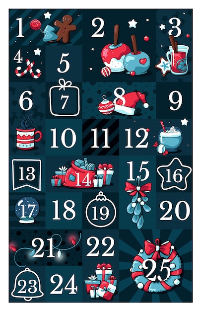 Plik wektorowy kalendarz adwentowy bożego narodzenia, z cute doodle ilustracji