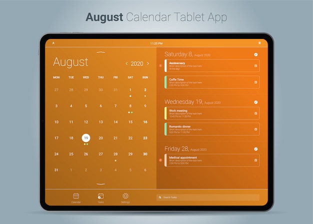 Plik wektorowy kalendarz aplikacji na tablet w sierpniu