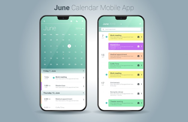 Kalendarz Czerwcowy Kalendarz Aplikacji Mobilnych Wektor Ui