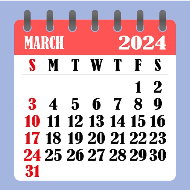 Kalendarz Listowy Na Marzec 2024 Tydzień Zaczyna Się W Niedzielę Koncepcja Planowania Czasu I Harmonogramu Płaska Konstrukcja Zdejmowany Kalendarz Na Miesiąc Ilustracja Wektorowa