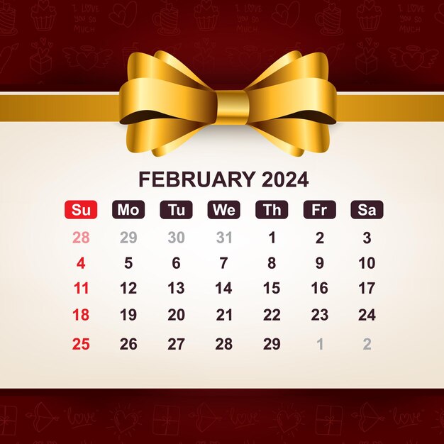 Kalendarz Luty 2024 Z Złotym łukiem Ilustracja Wektorowa