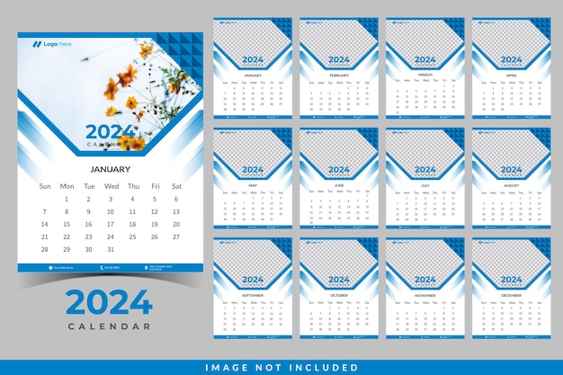 Kalendarz miesięczny 2024 szablon kalendarz ścienny z nowoczesnym wektorem projektowania
