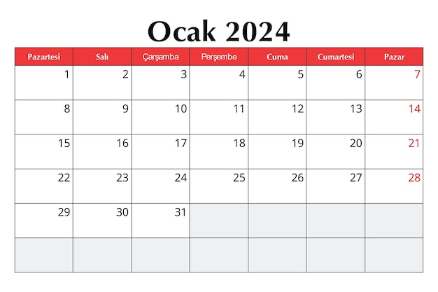 Kalendarz Miesięczny W Turcji W Styczniu 2024 Roku Ilustracja Wektorowa Do Drukowania Planowanie W Turcji