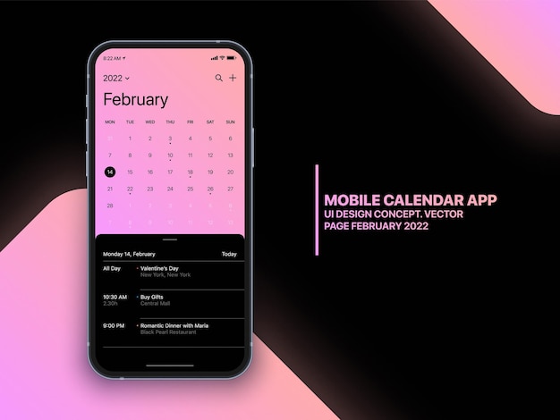 Kalendarz mobilny koncepcja aplikacji luty 2022 Strona z listą zadań do wykonania i zadaniami UI UX Design Vector na realistycznym ekranie telefonu makieta na białym tle na tle. Szablon aplikacji Business Planner na smartfona
