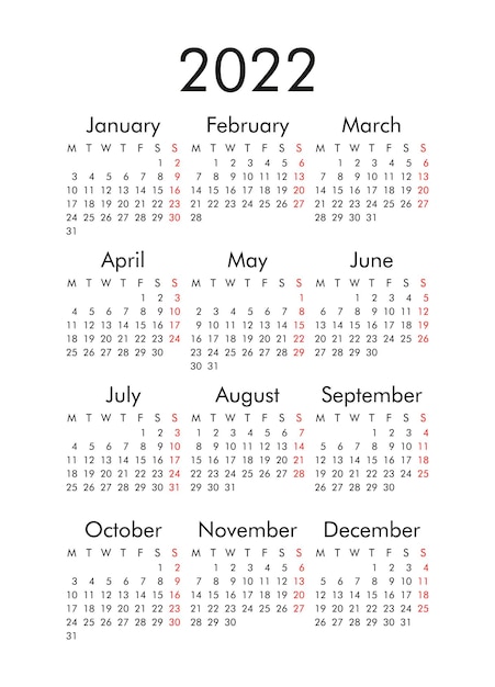 Plik wektorowy kalendarz na 2022 tydzień rozpoczyna się w poniedziałek podstawowy biznes szablon ilustracji wektorowych