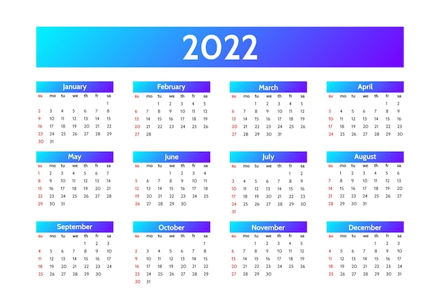 Kalendarz na rok 2022 na białym tle. Od niedzieli do poniedziałku, szablon biznesowy. Ilustracja wektorowa