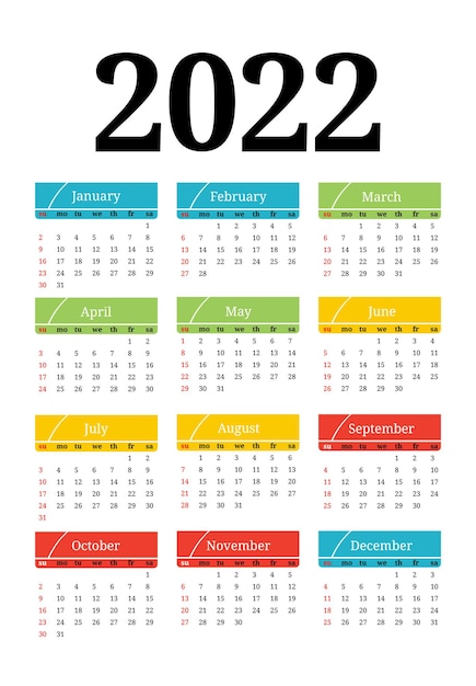Kalendarz Na Rok 2022 Na Białym Tle. Od Niedzieli Do Poniedziałku, Szablon Biznesowy. Ilustracja Wektorowa