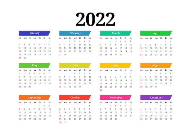 Kalendarz Na Rok 2022 Na Białym Tle. Od Niedzieli Do Poniedziałku, Szablon Biznesowy. Ilustracja Wektorowa