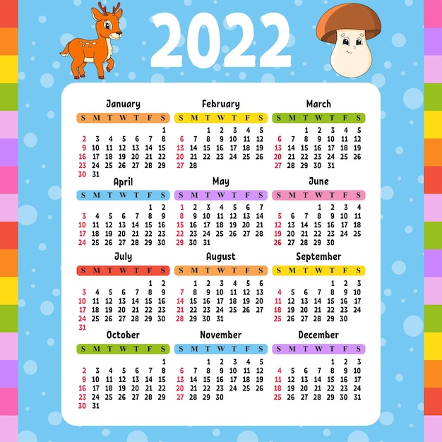 Kalendarz Na Rok 2022 Z Uroczym Charakterem. Zabawny I Jasny Design. Ilustracja Wektorowa Na Białym Tle Kolor. Styl Kreskówki.