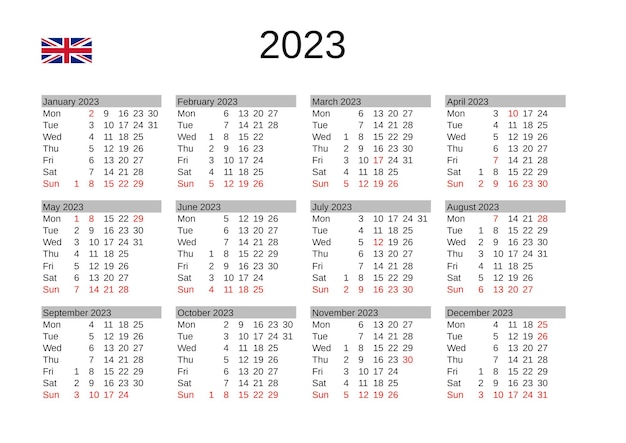 Kalendarz na rok 2023 w języku angielskim ze świętami Wielkiej Brytanii